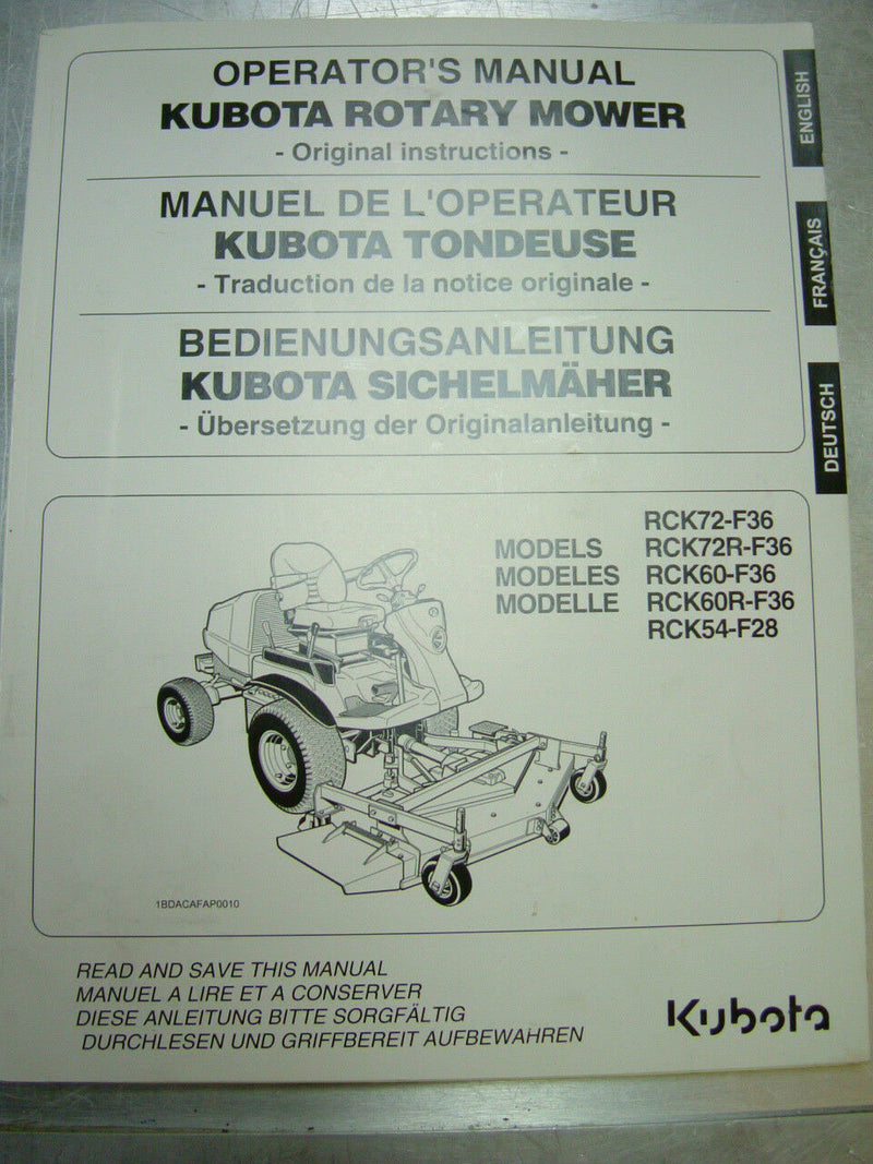 aufbewahren traduction Kubota RCK72-F36, RCK72R-F36, RCK60-F36, RCK60R-F36, RCK54-F28 Operato – Hughie Willett Machinery