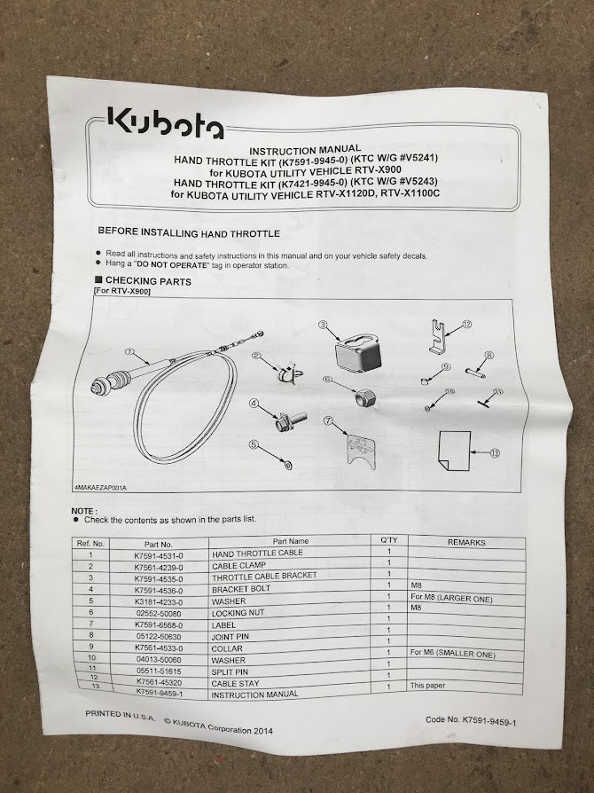 K7591-99450  Kubota RTVX900 Hand Throttle Kit