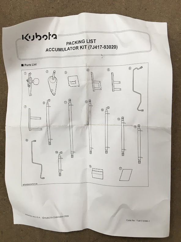 7J417-93020  Kubota LA1153 / LA1353 / LA1354 Loader Accumulator Kit