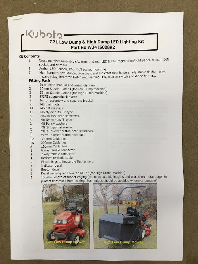 W24TS-00892  Kubota G21LD MK4 and MK5 and G21HD Lighting Kit