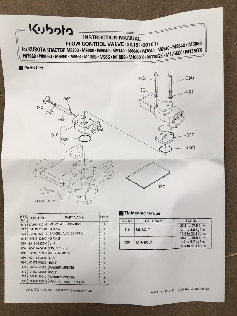 3A151-90181  Kubota M9585 Flow Control Valve ( ME5700 DTHQ STD )