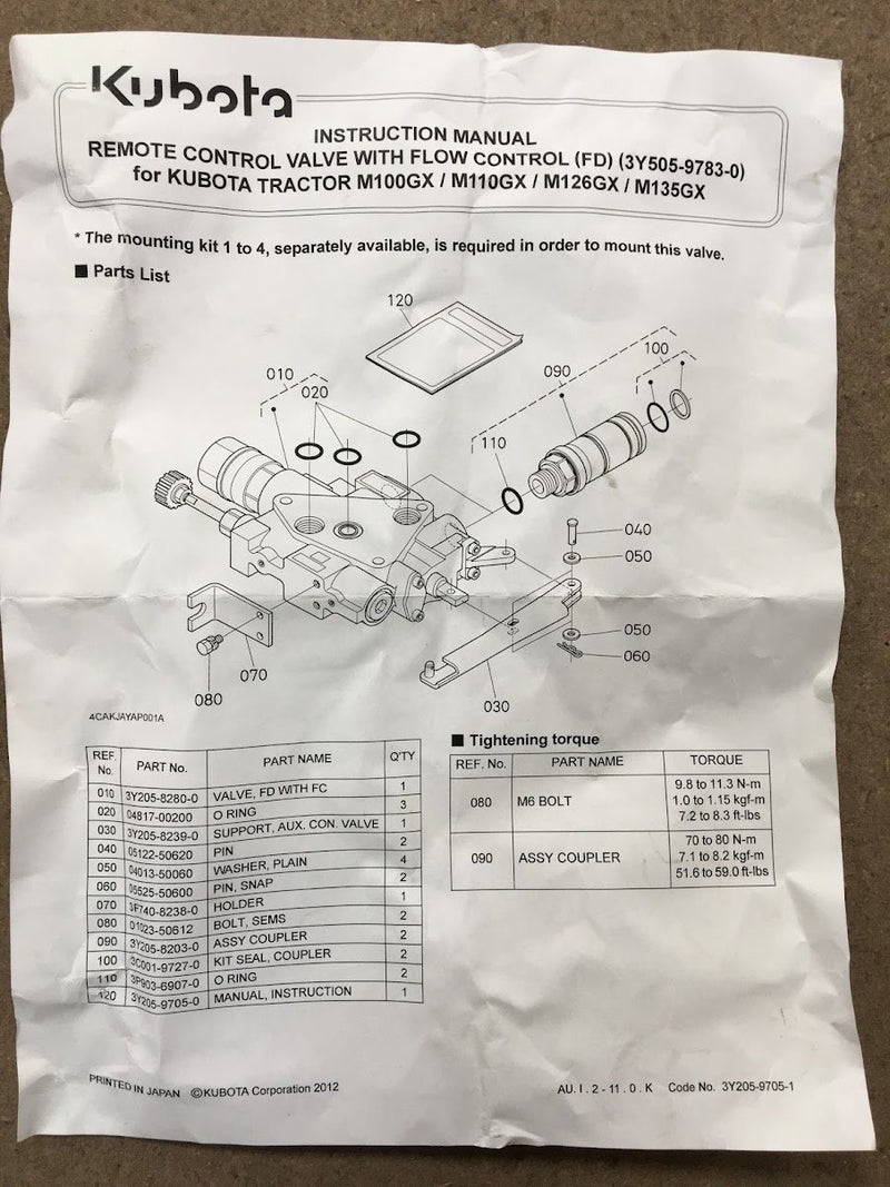 3Y505-97831  Kubota M7684 FD FC Valve