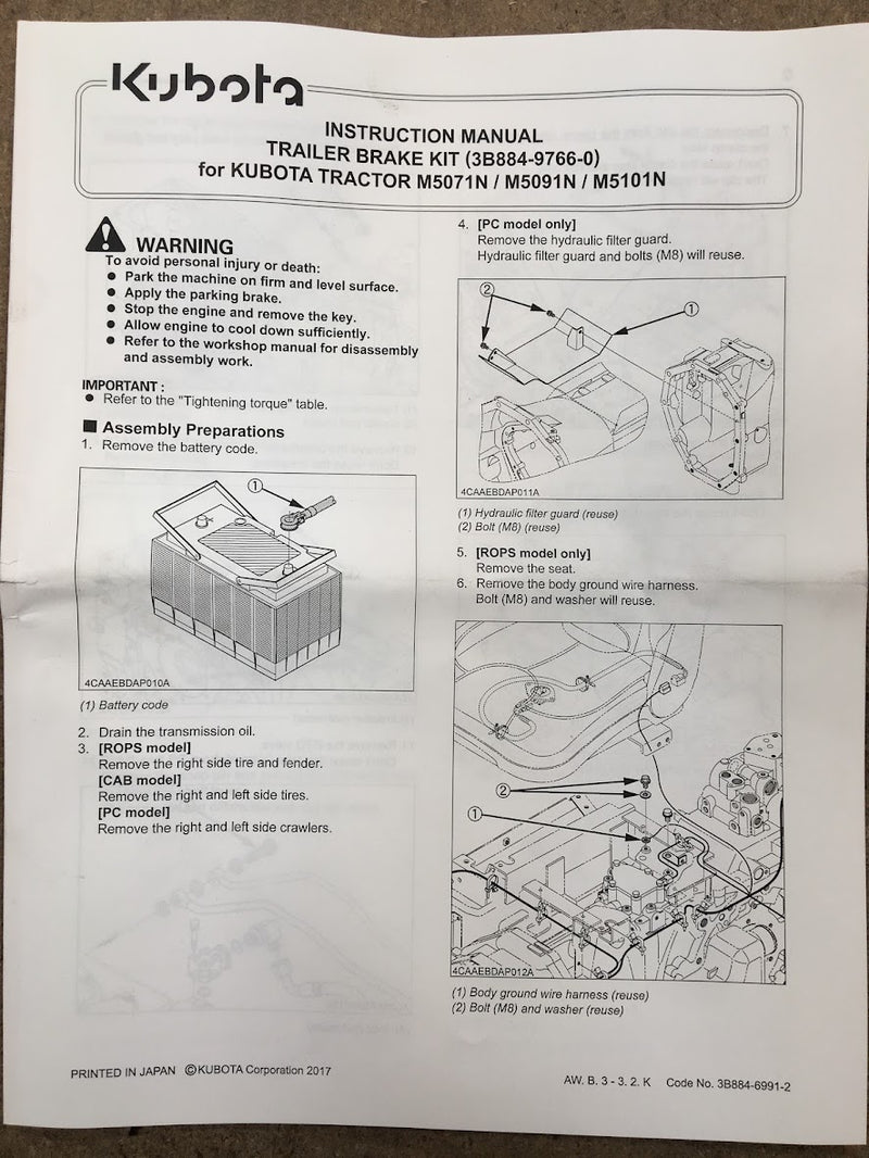 3B884-97660  Kubota Trailer Brake Kit