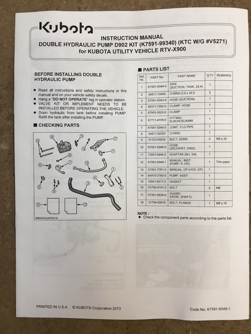 K7591-99340  Kubota RTVX900 Aux Hydraulic Pump