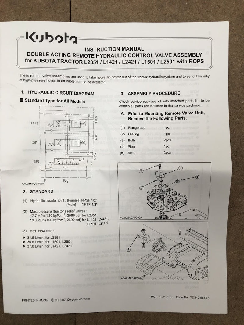 TD344-98181  Kubota Double Acting Remote Hydraulic Control Valve Assy ( ROPS )