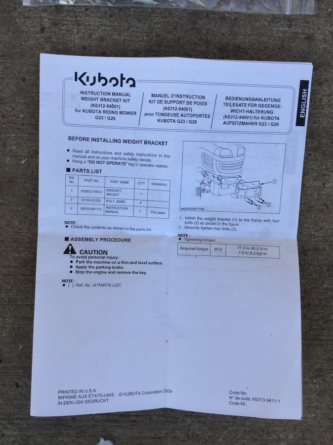 K6312-94001  Kubota KCK-G26LD Weight Bracket Kit
