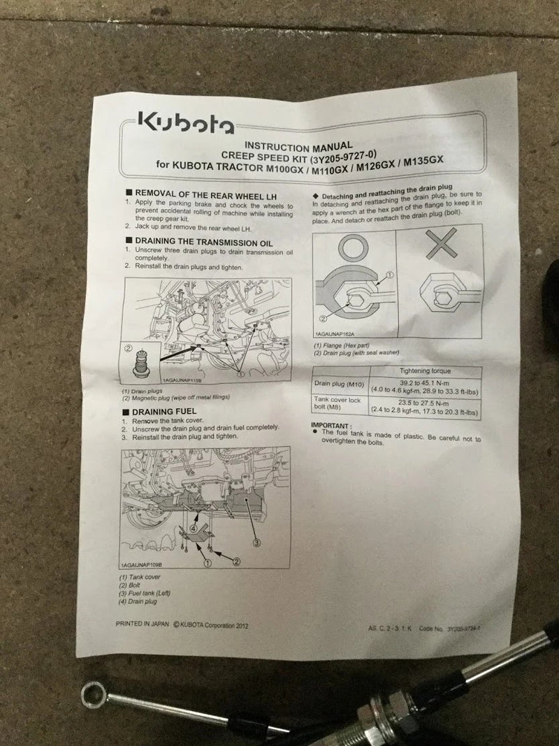 3Y205-97271  Kubota MGX Tractor Creep Speed Kit
