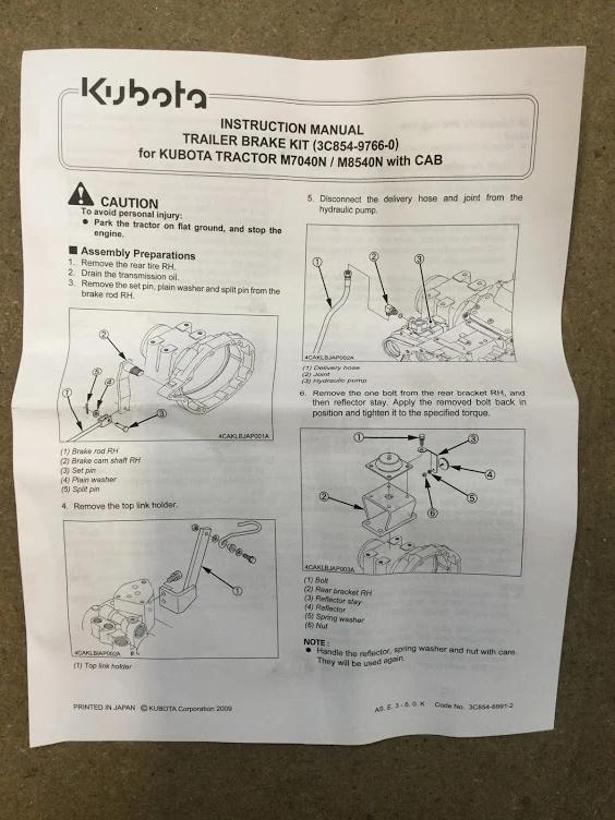 Kubota M40 Tractor Trailer Brake Kit 3C854-97660