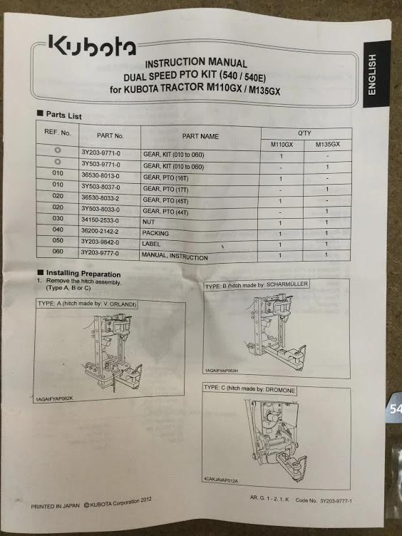 3Y503-97711  Kubota M135GX Tractor PTO Kit ( 6 Spline, 540 / 540E )