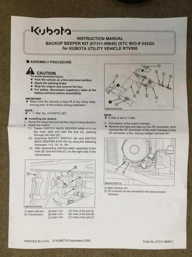 K7311-99640  Kubota RTV500 Back Up Beeper