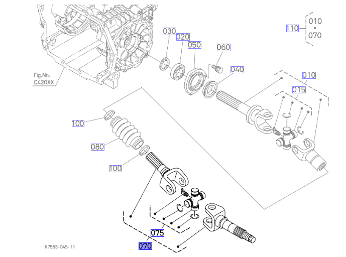 K7571-12330 / K7571-12333 Kubota RTV Propeller Shaft Assembly (070 on diagram)