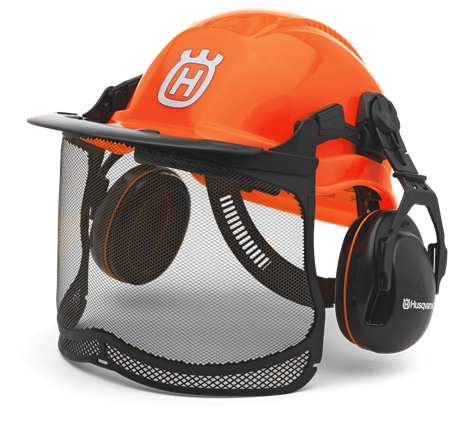 Chainsaw helmet with 6 point textile harness.  Includes the ULTRAVISION visor and ergonomic hearing protectors.