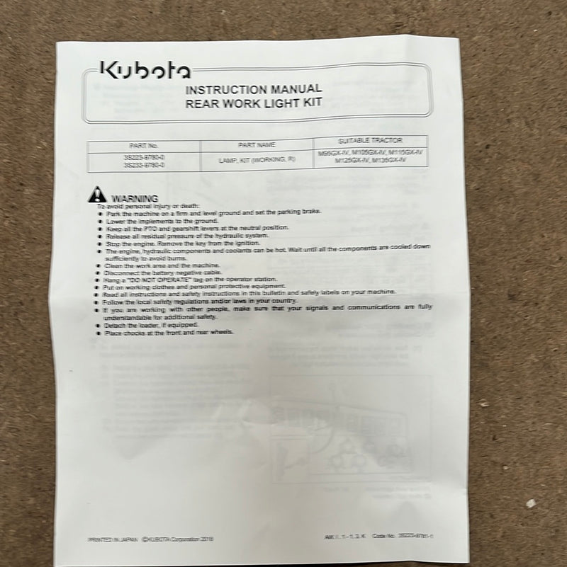 3S223-97801  Kubota GX4 Rear Work Light