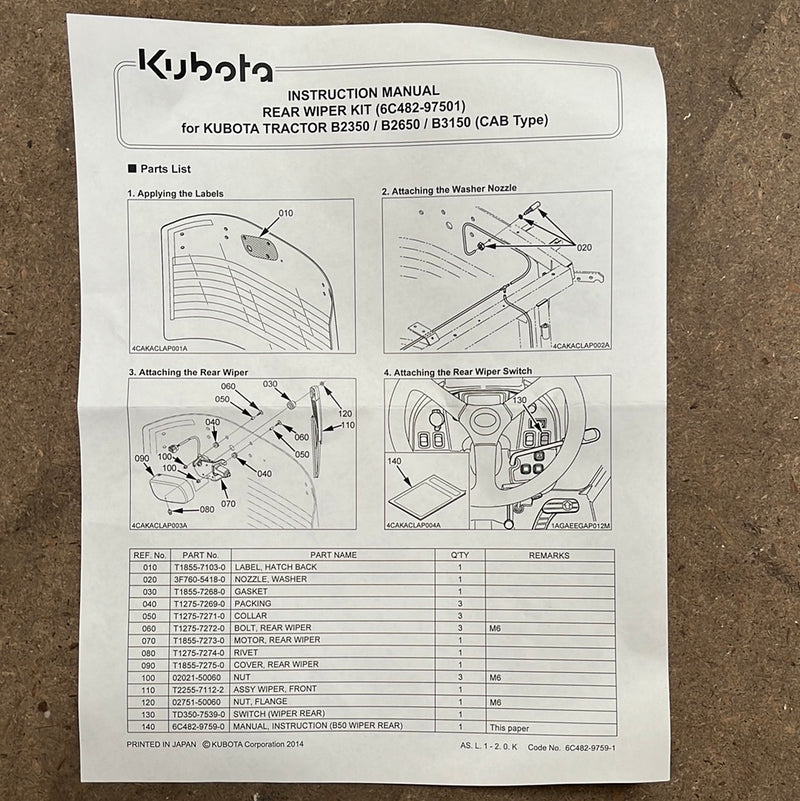 6C482-97501  Kubota Rear Wiper Kit ( B50 )