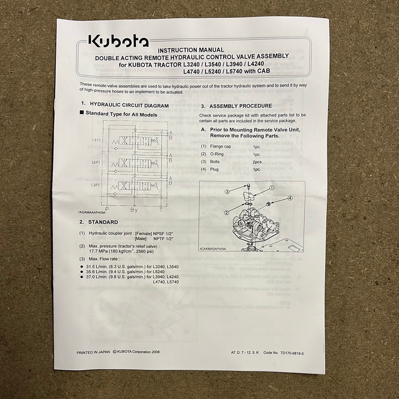 TD170-97181 Kubota L8347 2nd valve lever kit